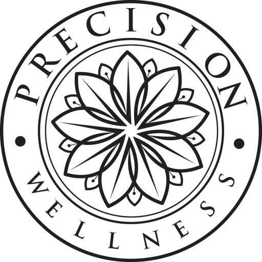 Precision Wellness black and white logo featuring a circular badge with a mandala icon and the words “Precision Wellness.”